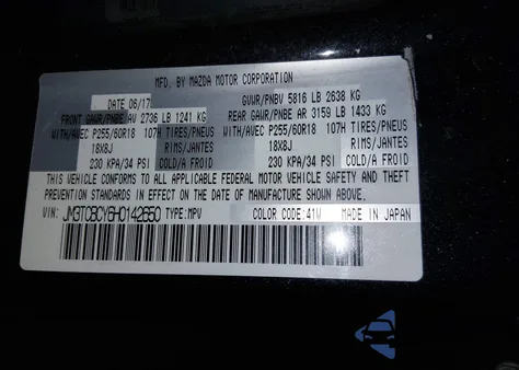 2017 Mazda Cx-9 Touring from USA, damaged, VIN JM3TCBCY6H0142650